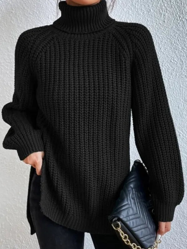 Pull col roulé femme élégant, manches raglan. Parfait pour la mode hiver décontractée et confortable.