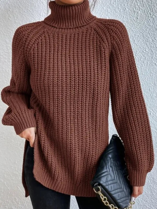 Pull décontracté femme, col roulé et manches raglan. Idéal pour un look hivernal confortable et stylé.