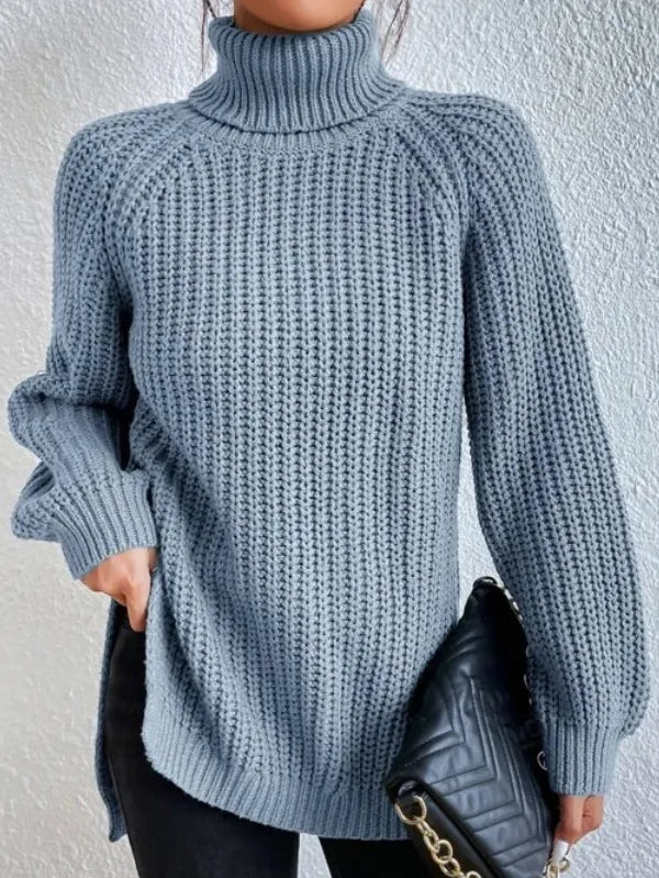 Haut femme hiver, pull col roulé oversize. Manches raglan pour un look décontracté et chic.