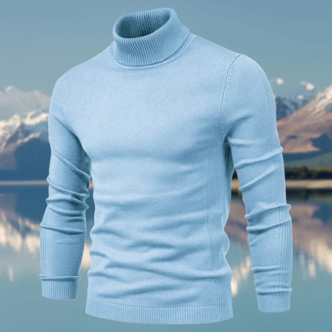 Pull col roulé homme élégant, ajusté, parfait pour l'hiver. Confort classique et mode masculine.