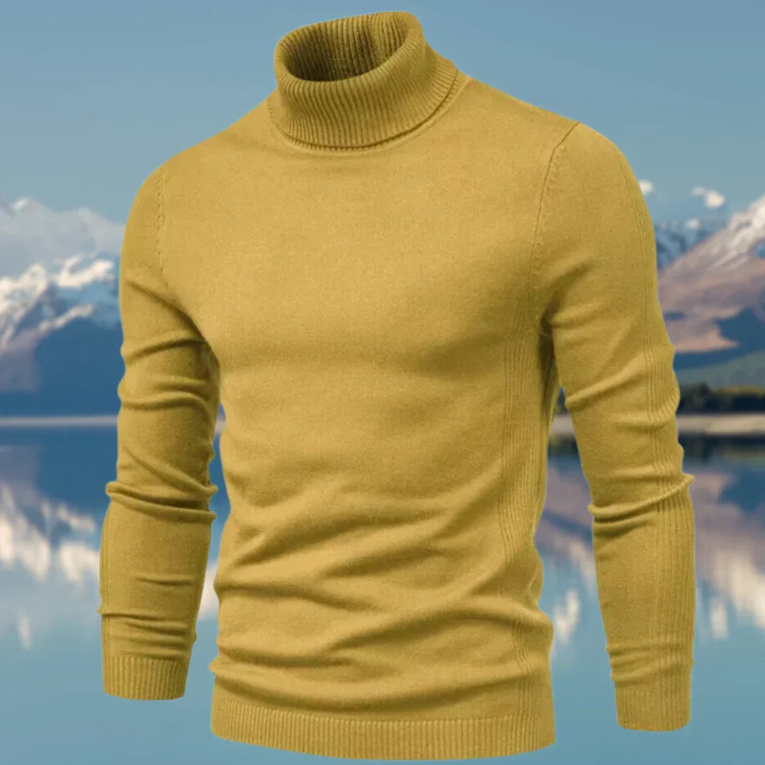 Détail col roulé pull homme, élégant et chaud pour l'hiver. Vêtement masculin ajusté et classique.