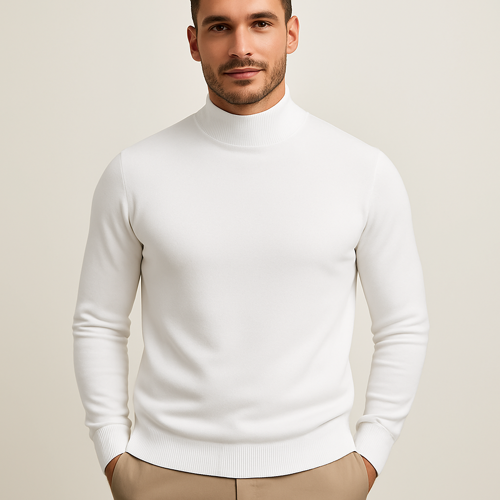Homme portant le pull col roulé Leonardo, coupe confortable et moderne, idéal pour un style élégant polyvalent.