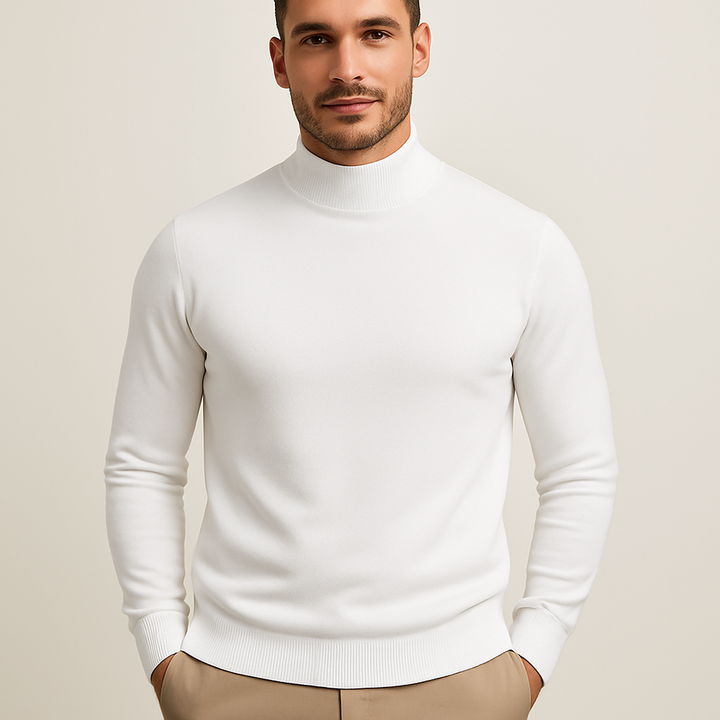 Homme portant le pull col roulé Leonardo, coupe confortable et moderne, idéal pour un style élégant polyvalent.