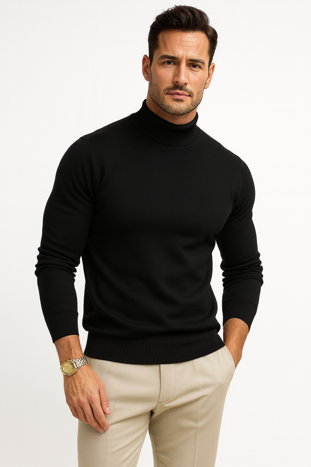 Pull col roulé homme Leonardo plié, couleur polyvalente, symbolisant le confort, l'élégance et le style moderne hivernal.