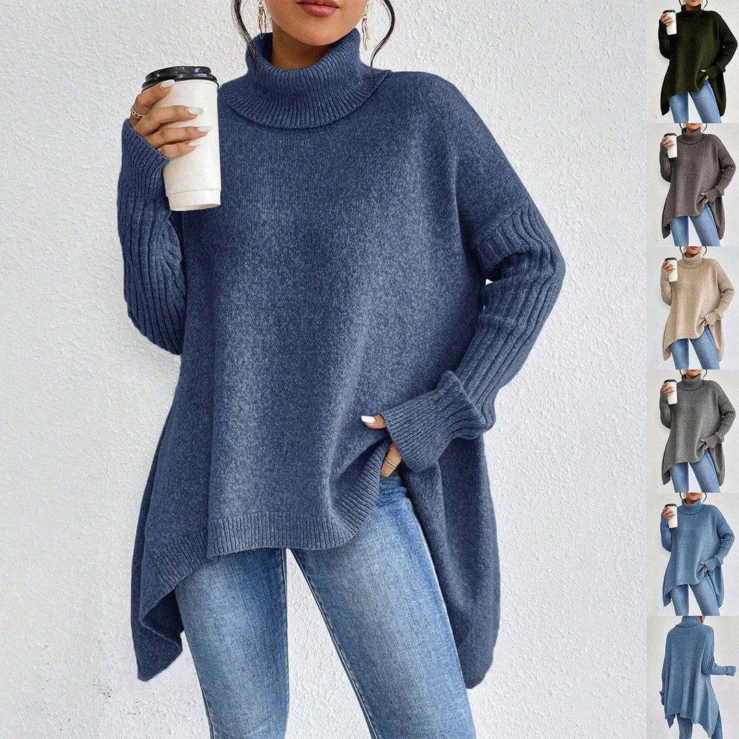 Pull col roulé irrégulier femme, ample et moderne, parfait pour l'hiver élégant et confortable.