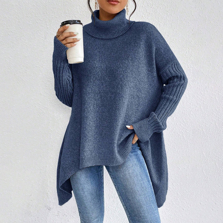 Pull irrégulier femme, col roulé ample, manches longues, style décontracté élégant pour l'hiver.