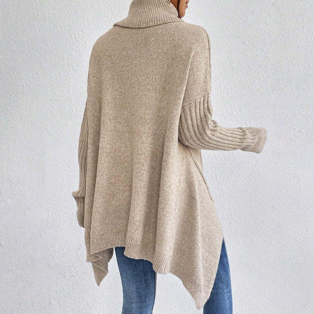 Pull col roulé femme doux et confortable, avec ourlet irrégulier, idéal pour la mode hivernale.