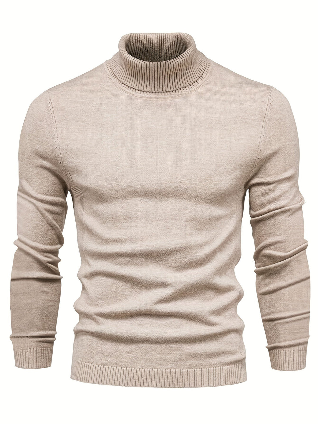 Gros plan sur texture tricot d'un pull col roulé homme beige. Chaud, doux et élégant, parfait pour le froid hivernal.