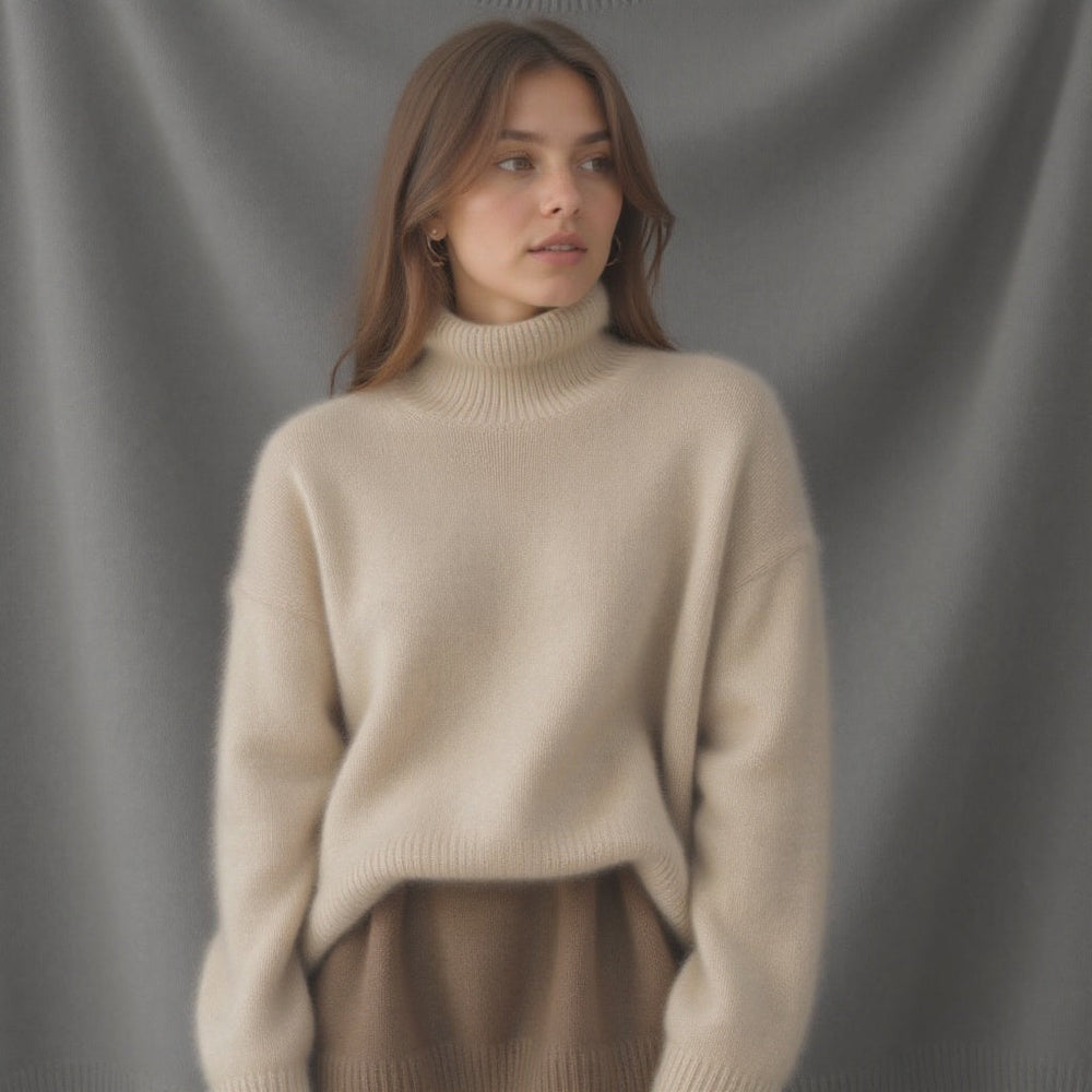 Femme portant un pull Sydney oversize en cachemire vanille, un essentiel hivernal doux et élégant