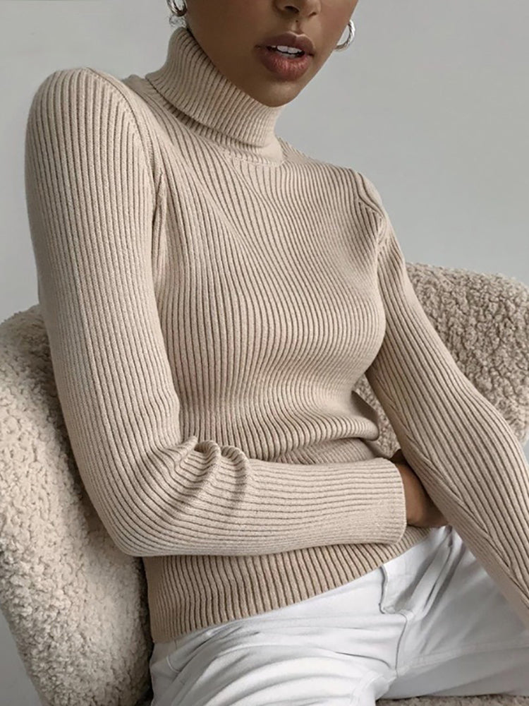 "Pull col roulé femme, élégant et doux, en cachemire et laine, idéal pour automne et hiver, couleur neutre et classique."