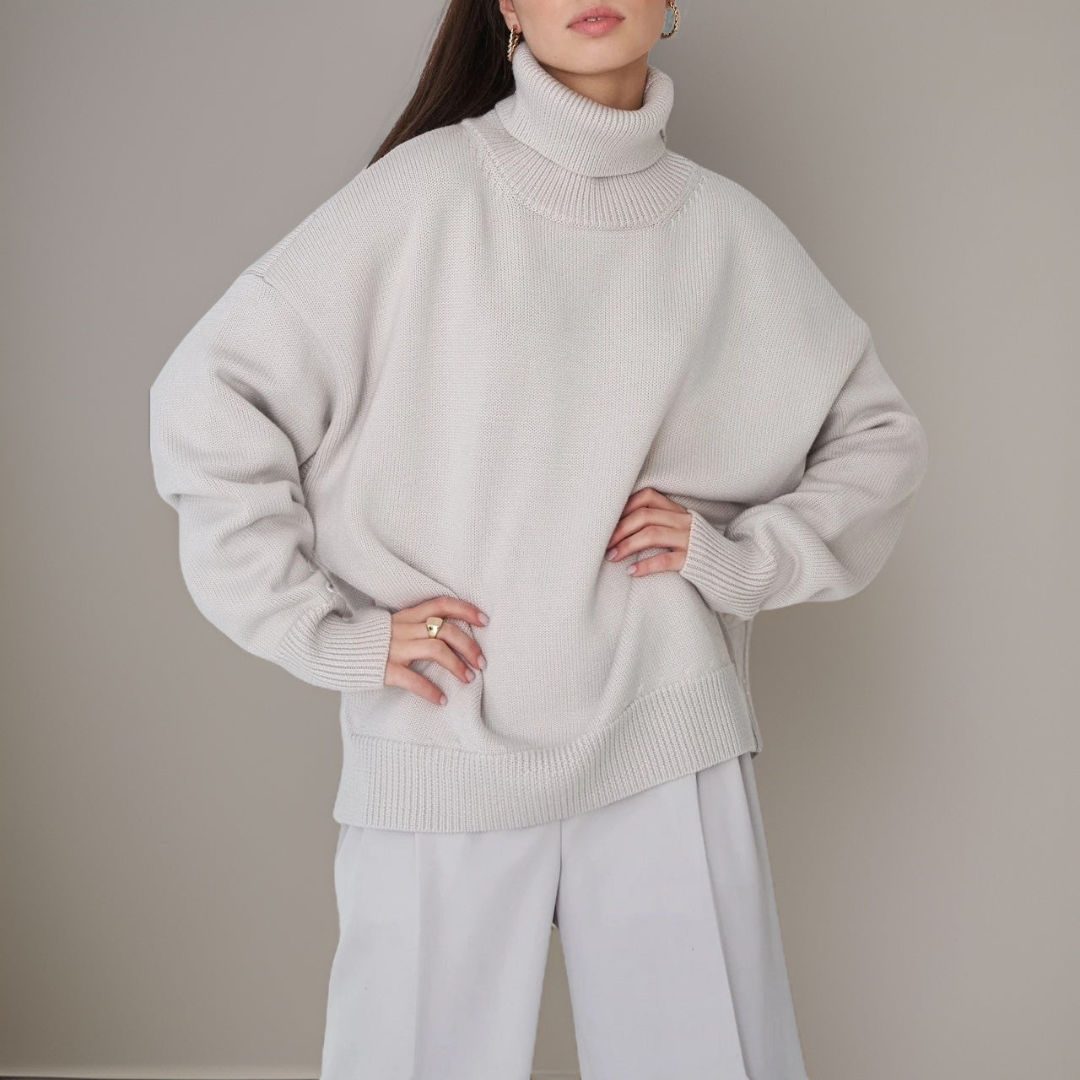 "Pull col roulé femme élégant pour hiver, design moderne, manches longues, tissu doux et respirant, look tendance."