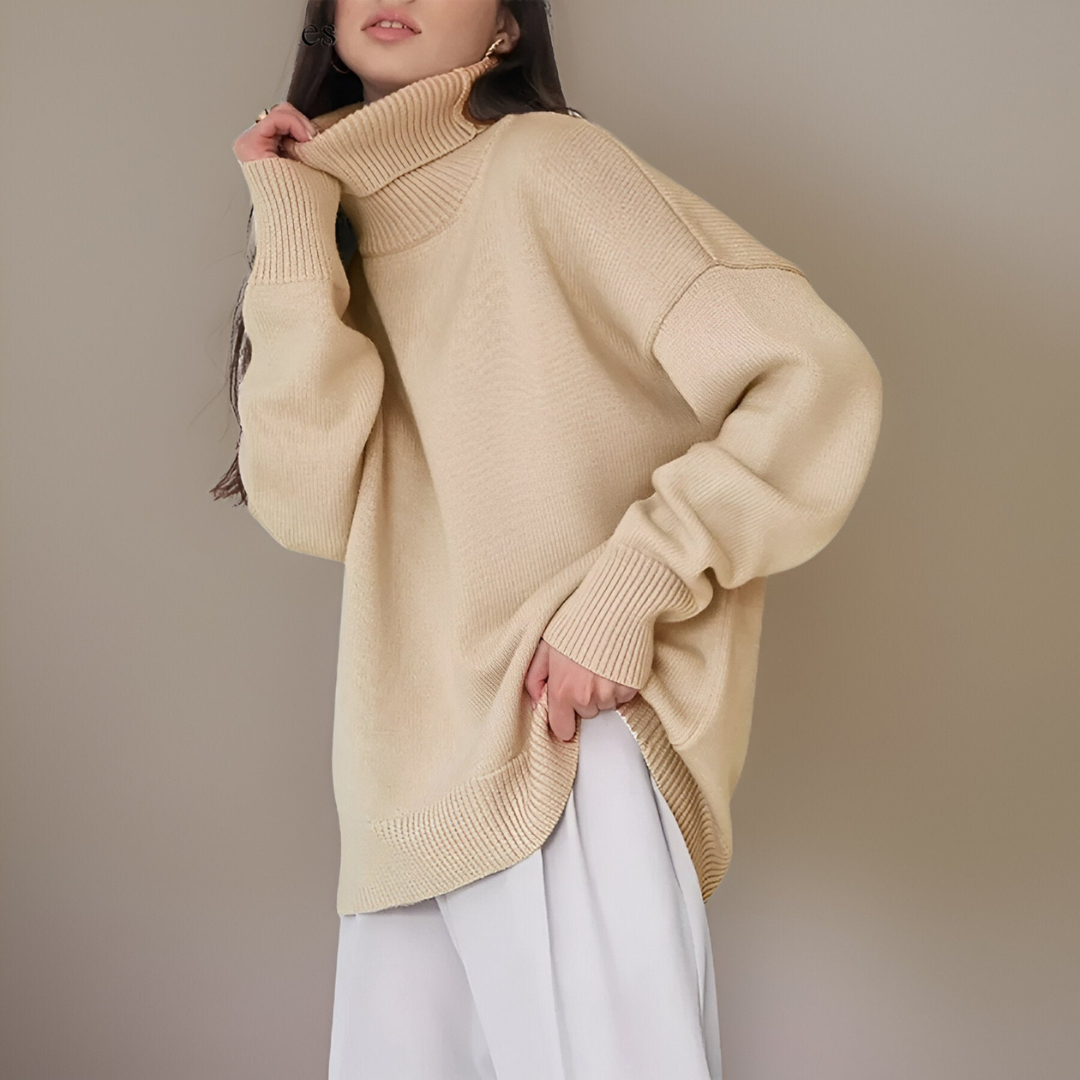 "Pull col roulé femme élégant pour hiver, design moderne, manches longues, tissu doux et respirant, look tendance."