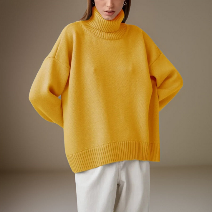 "Pull col roulé femme élégant pour hiver, design moderne, manches longues, tissu doux et respirant, look tendance."