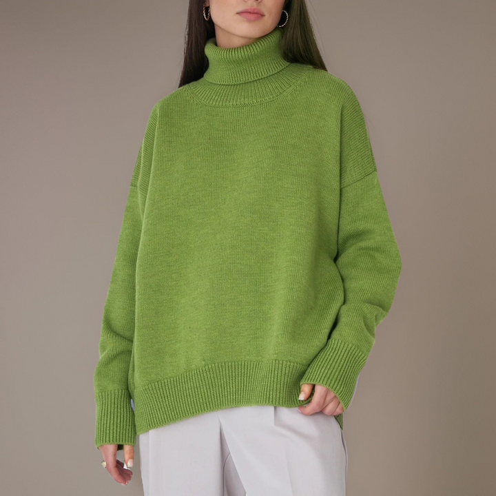 "Pull col roulé femme élégant pour hiver, design moderne, manches longues, tissu doux et respirant, look tendance."