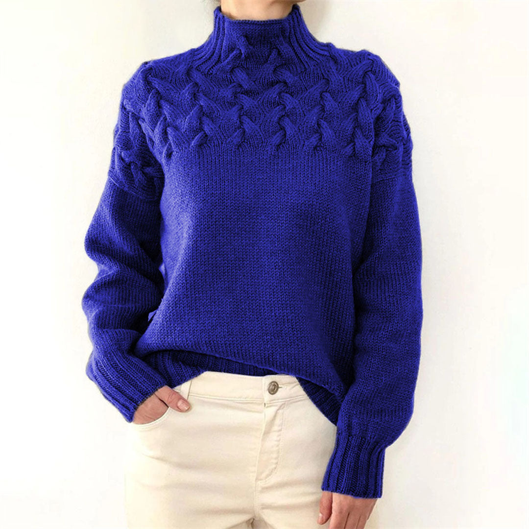 Pull col roulé femme, tricot chaud hiver. Modèle élégant et confortable.
