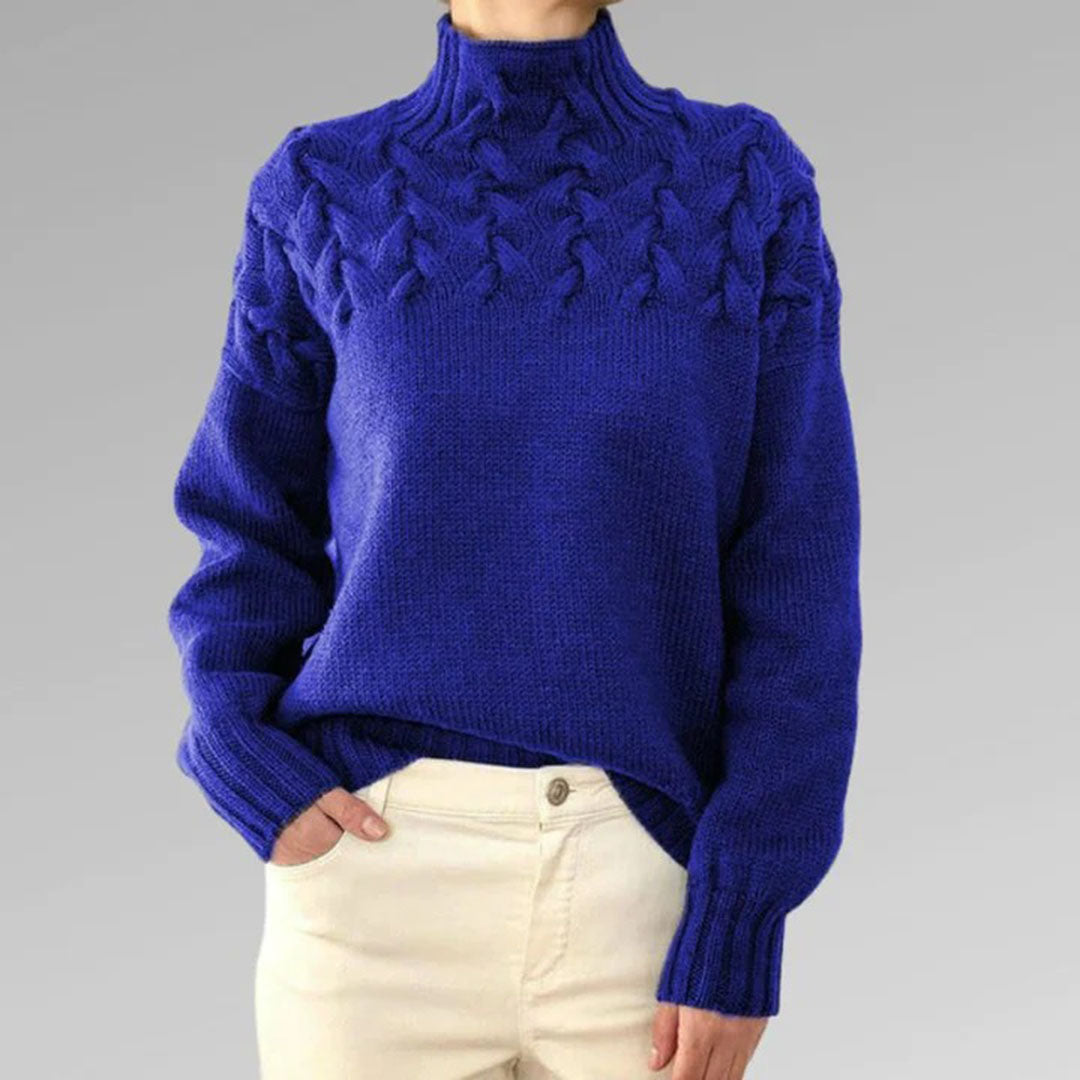 Pull col roulé femme, tricot chaud hiver. Modèle élégant et confortable.