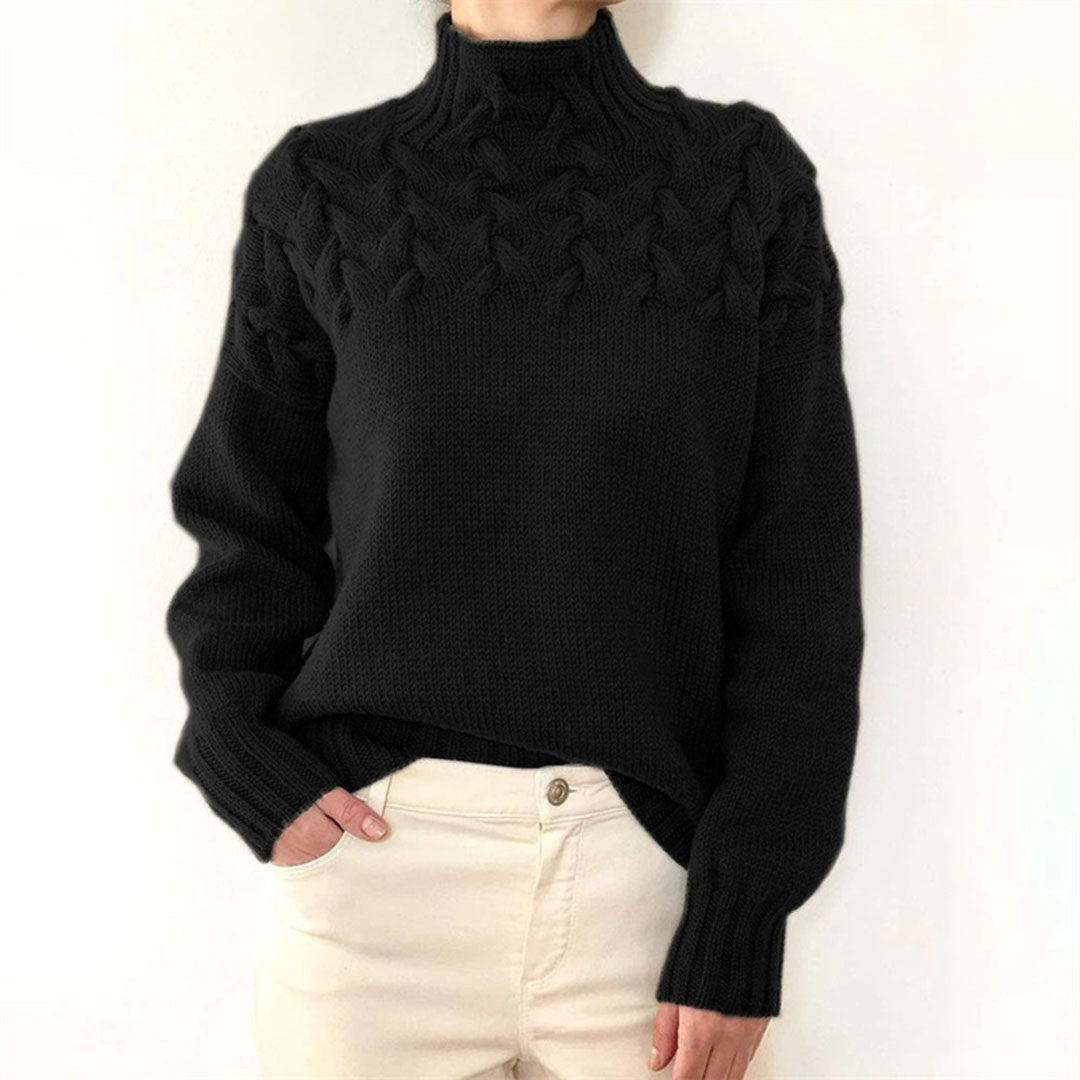 Pull col roulé femme, tricot chaud hiver. Modèle élégant et confortable.