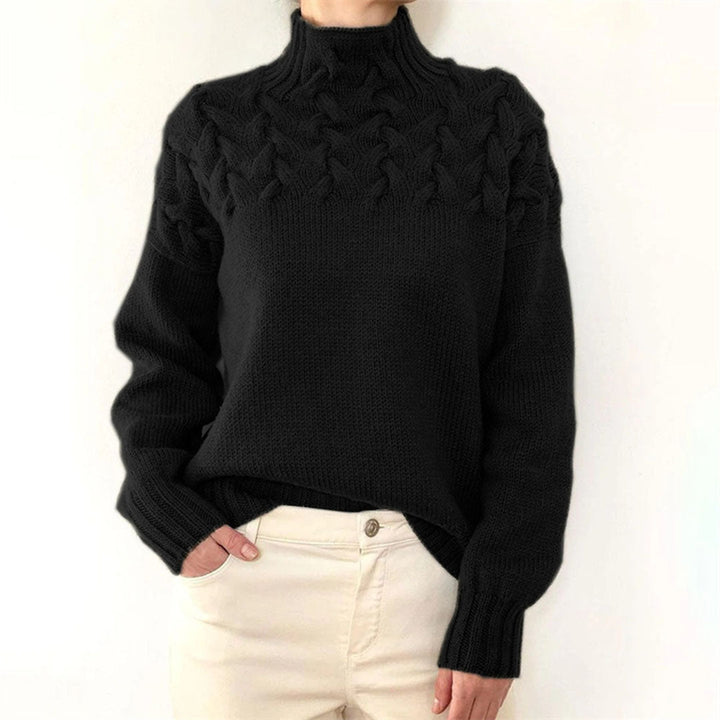 Pull col roulé femme, tricot chaud hiver. Modèle élégant et confortable.