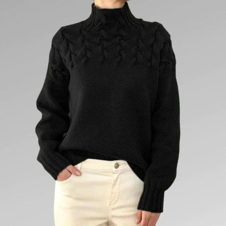 Pull col roulé femme, tricot chaud hiver. Modèle élégant et confortable.