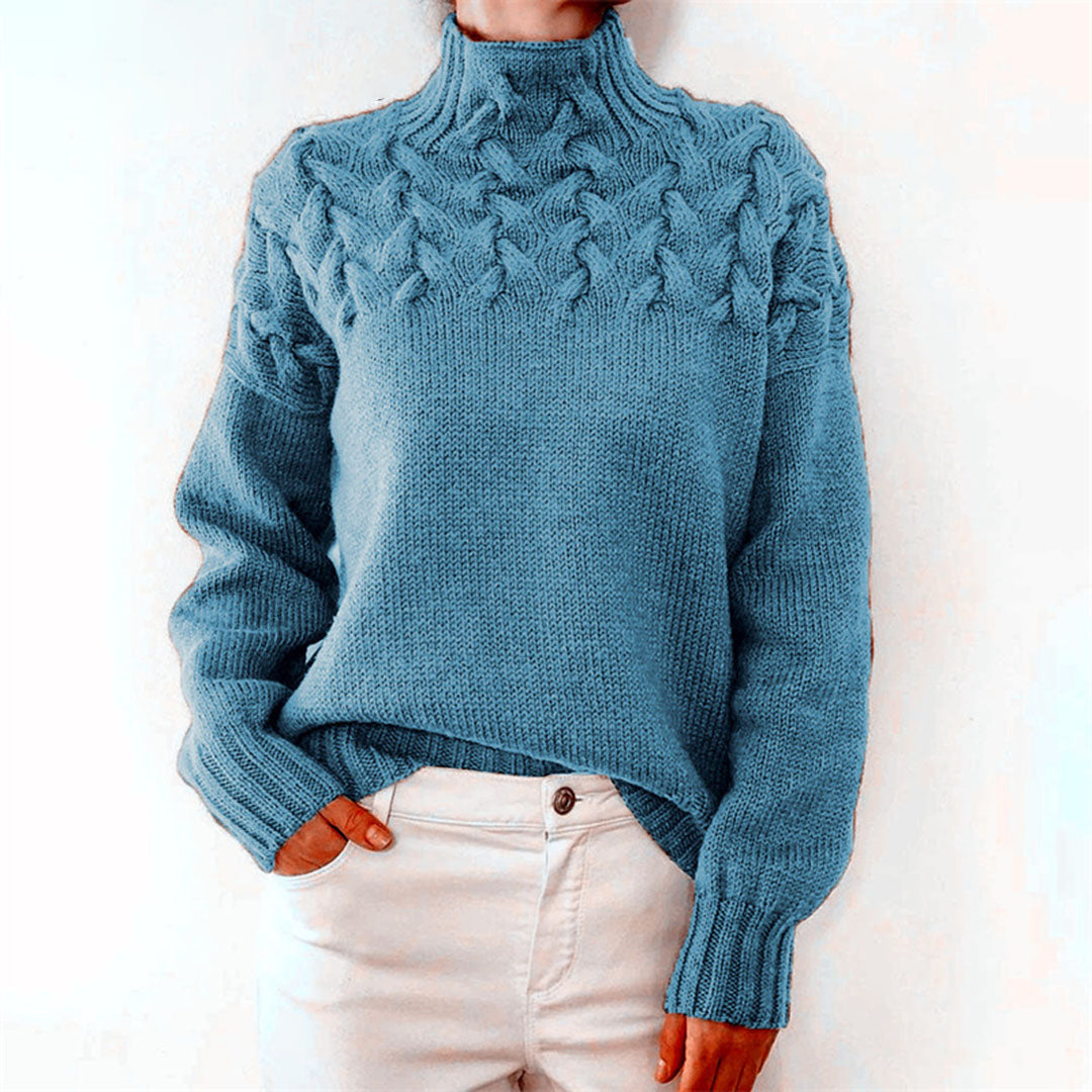 Pull col roulé femme, tricot chaud hiver. Modèle élégant et confortable.