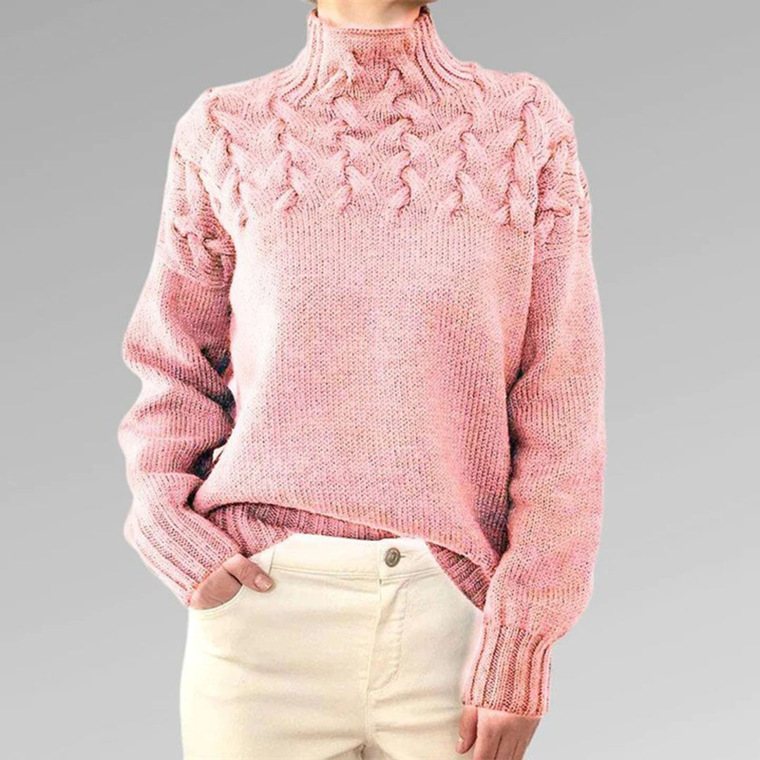 Pull col roulé femme, tricot chaud hiver. Modèle élégant et confortable.