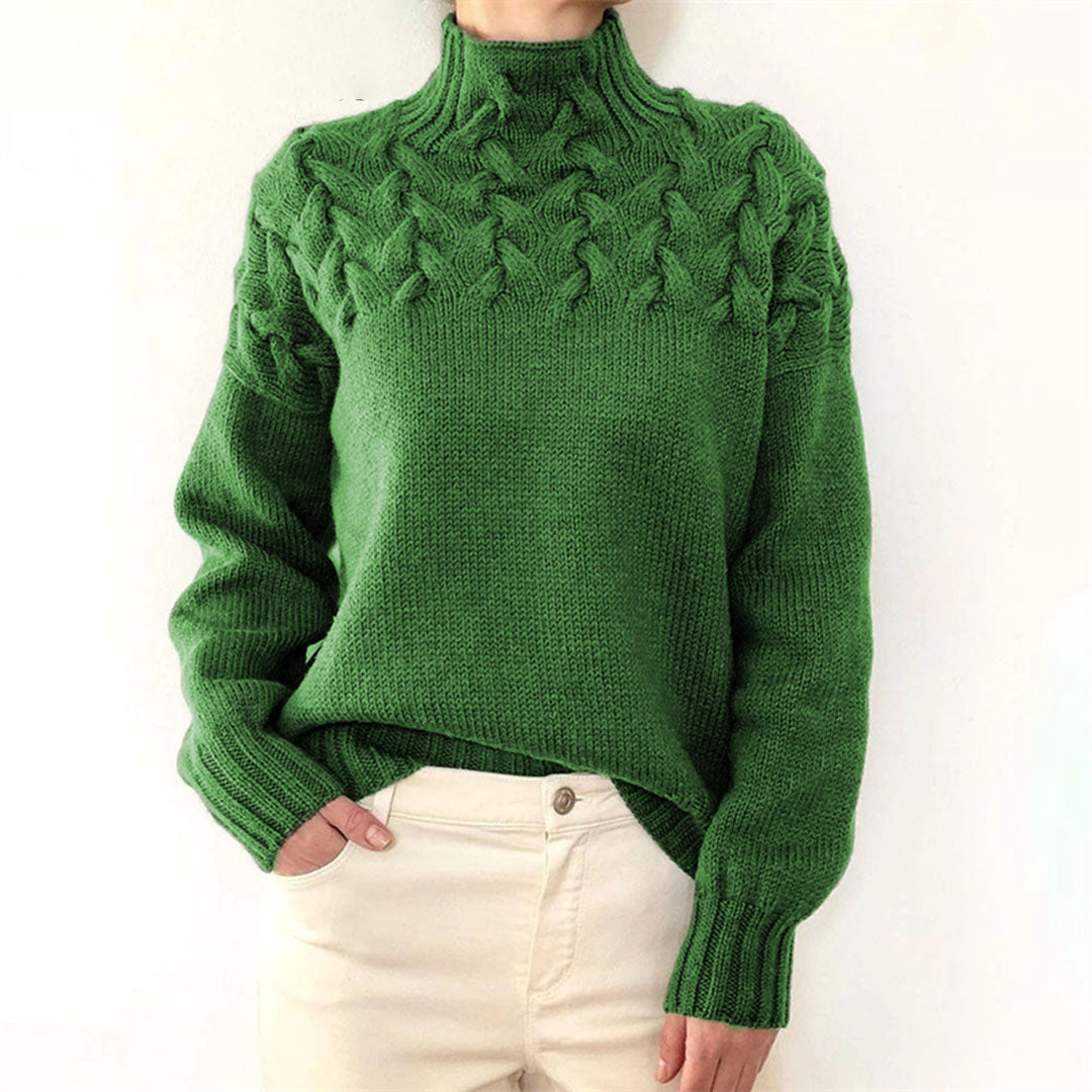 Pull col roulé femme, tricot chaud hiver. Modèle élégant et confortable.