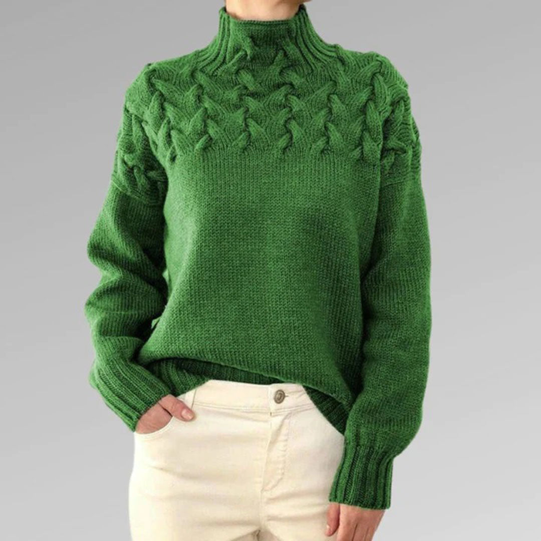 Pull col roulé femme, tricot chaud hiver. Modèle élégant et confortable.