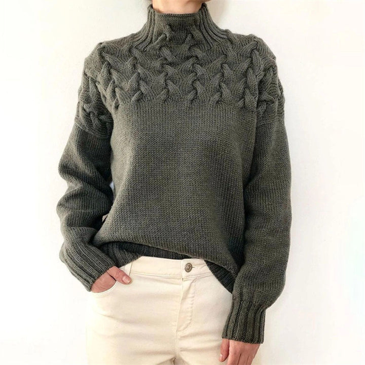Pull col roulé femme, tricot chaud hiver. Modèle élégant et confortable.