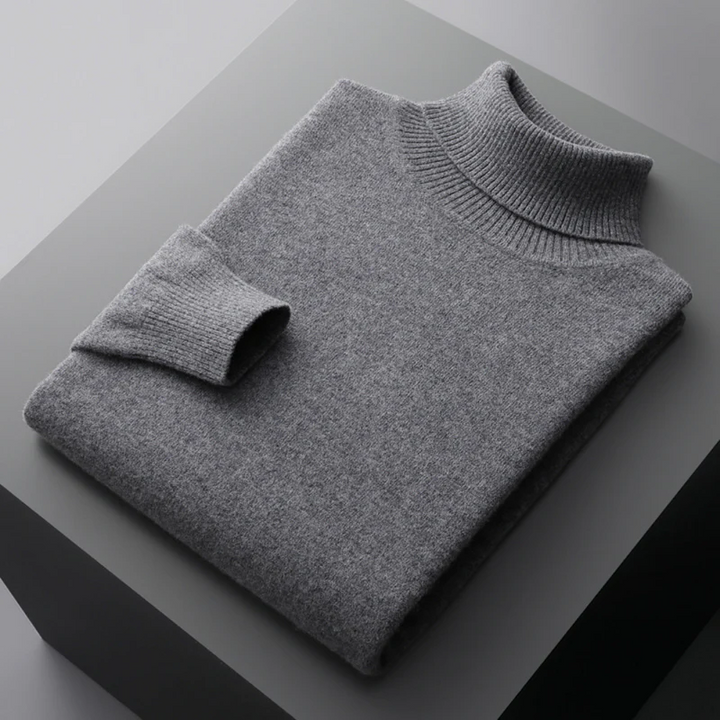"Pull col roulé homme élégant en laine mérinos, couleur unie, coupe ajustée, parfait pour un style raffiné et confortable."
