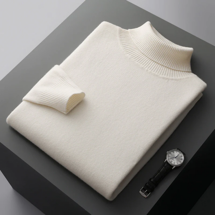 "Pull col roulé homme élégant en laine mérinos, couleur unie, coupe ajustée, parfait pour un style raffiné et confortable."