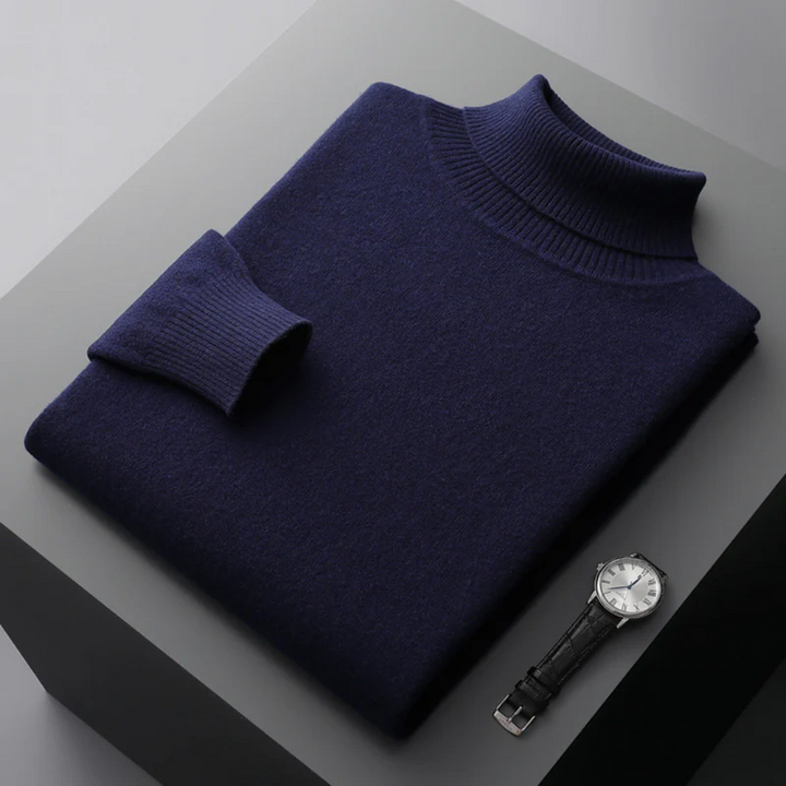 "Pull col roulé homme élégant en laine mérinos, couleur unie, coupe ajustée, parfait pour un style raffiné et confortable."