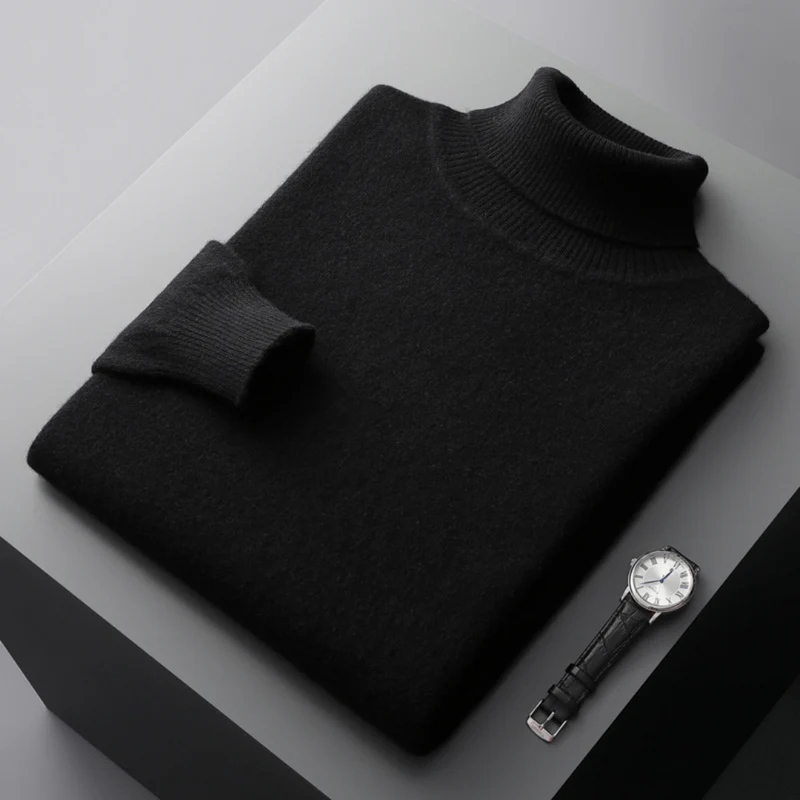"Pull col roulé homme élégant en laine mérinos, couleur unie, coupe ajustée, parfait pour un style raffiné et confortable."