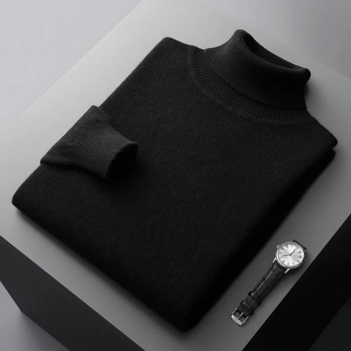 "Pull col roulé homme élégant en laine mérinos, couleur unie, coupe ajustée, parfait pour un style raffiné et confortable."