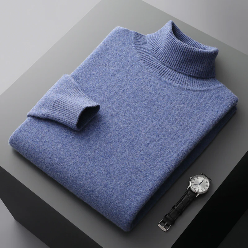 "Pull col roulé homme élégant en laine mérinos, couleur unie, coupe ajustée, parfait pour un style raffiné et confortable."