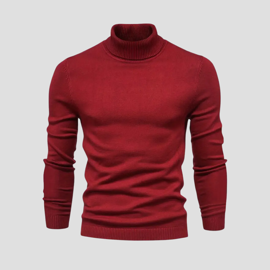"Pull col roulé homme en laine tricotée douce, coupe droite ajustée, manches longues, idéal pour élégance et confort."