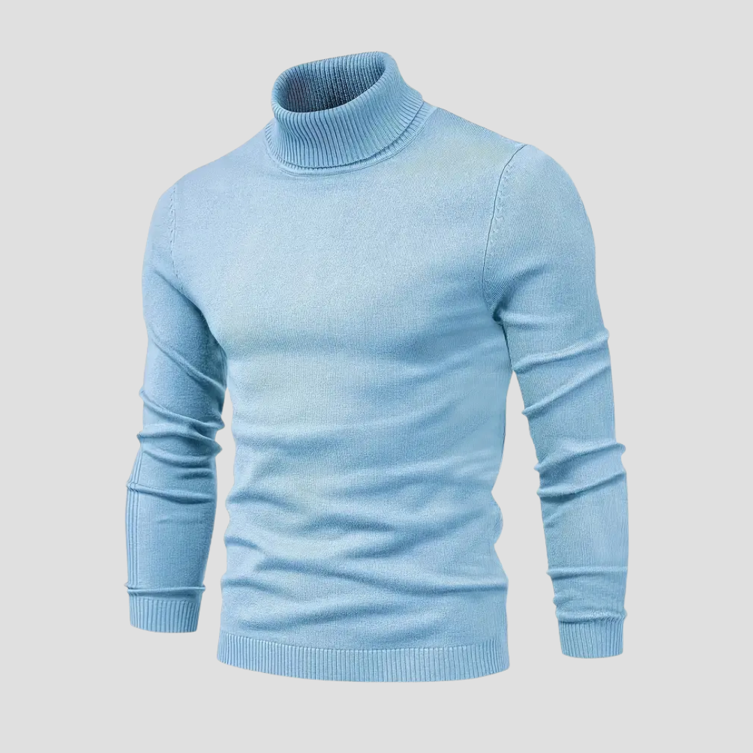 "Pull col roulé homme en laine tricotée douce, coupe droite ajustée, manches longues, idéal pour élégance et confort."