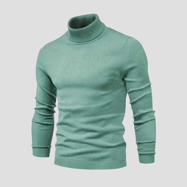 "Pull col roulé homme en laine tricotée douce, coupe droite ajustée, manches longues, idéal pour élégance et confort."