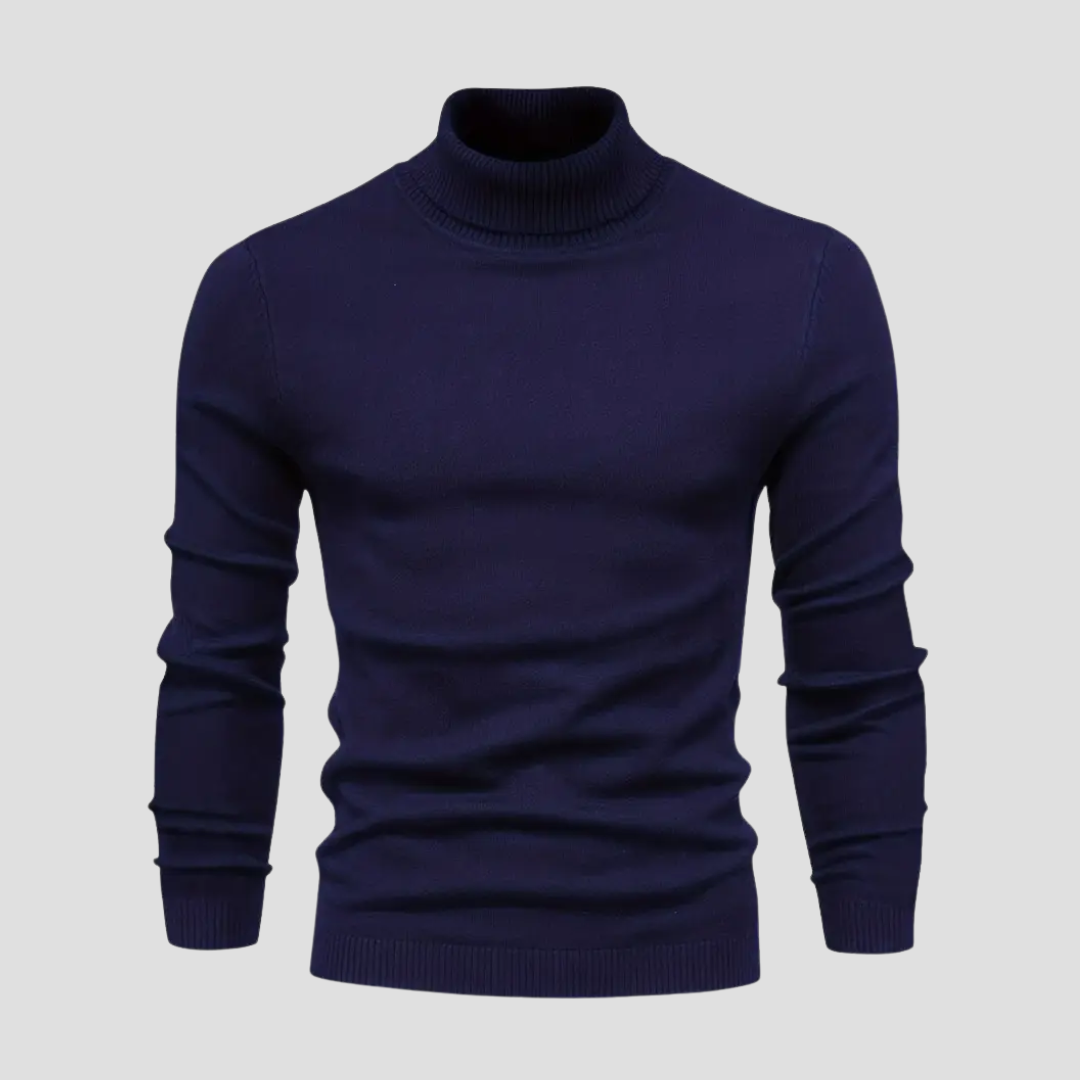 "Pull col roulé homme en laine tricotée douce, coupe droite ajustée, manches longues, idéal pour élégance et confort."