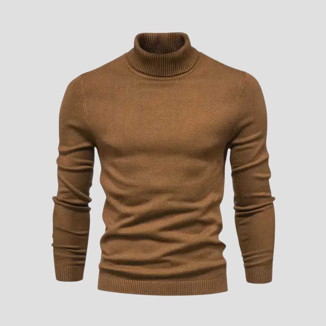 "Pull col roulé homme en laine tricotée douce, coupe droite ajustée, manches longues, idéal pour élégance et confort."