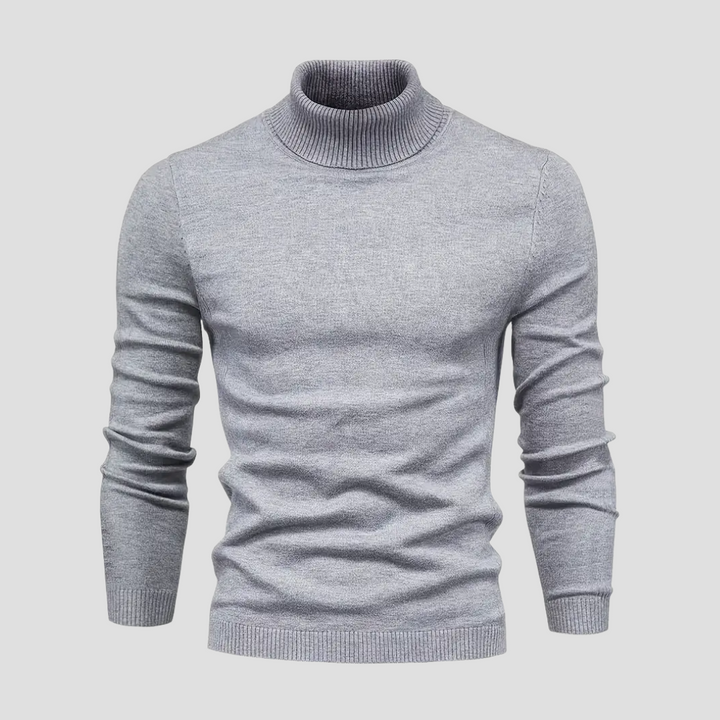"Pull col roulé homme en laine tricotée douce, coupe droite ajustée, manches longues, idéal pour élégance et confort."