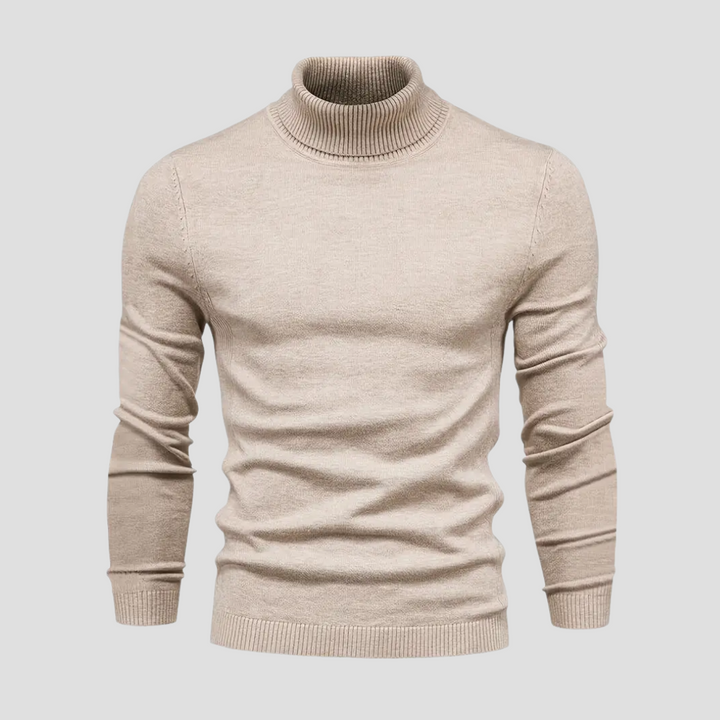 "Pull col roulé homme en laine tricotée douce, coupe droite ajustée, manches longues, idéal pour élégance et confort."