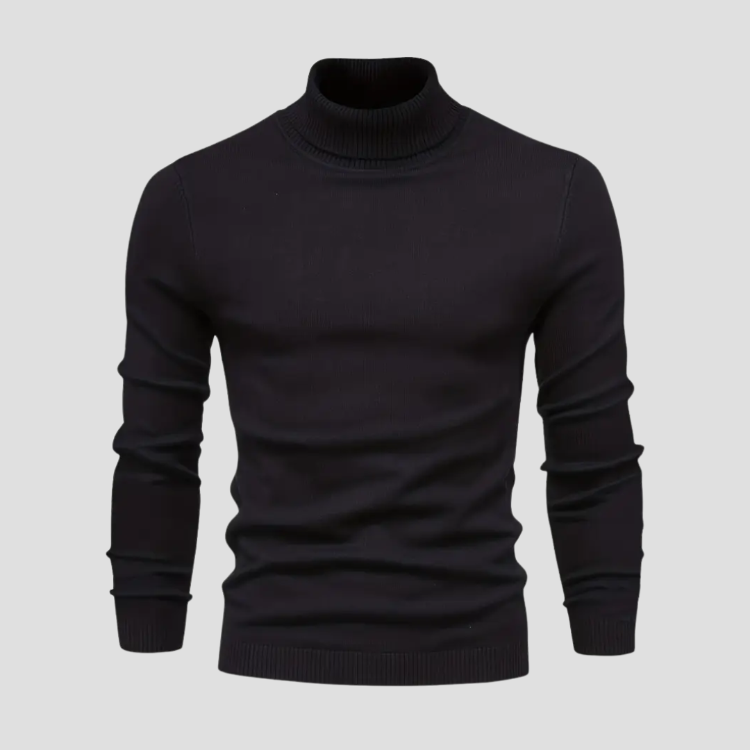 "Pull col roulé homme en laine tricotée douce, coupe droite ajustée, manches longues, idéal pour élégance et confort."