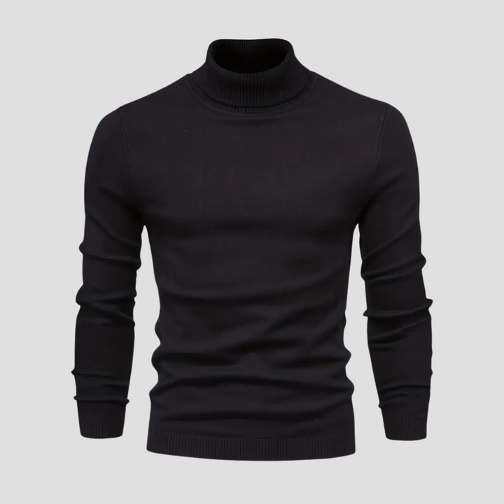 "Pull col roulé homme en laine tricotée douce, coupe droite ajustée, manches longues, idéal pour élégance et confort."