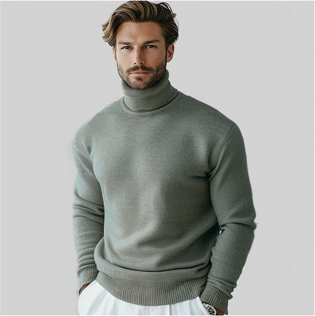 Pull col roulé homme, laine mérinos, coupe classique, chaud et confortable.