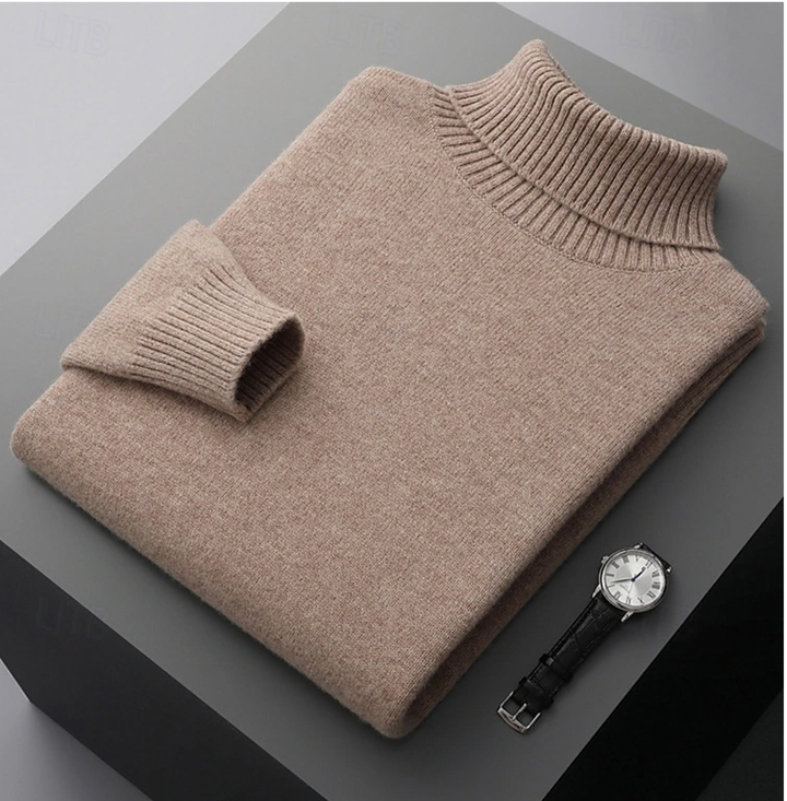 Pull col roulé homme, laine mérinos, coupe classique, chaud et confortable.