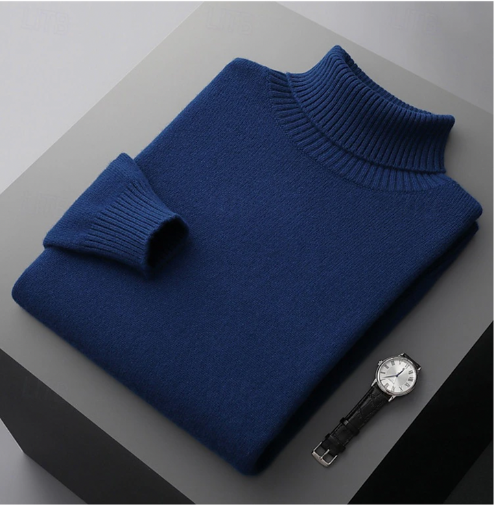 Pull col roulé homme, laine mérinos, coupe classique, chaud et confortable.
