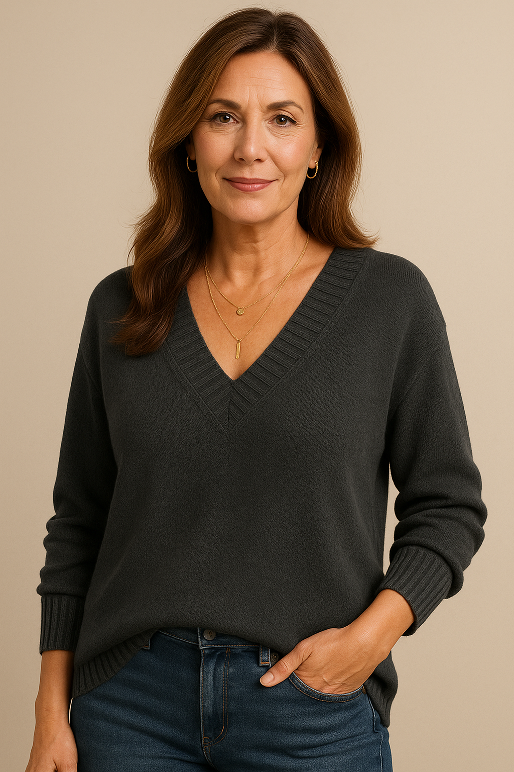 Élégant pull col V femme doux, polyvalent pour toute tenue chic, confortable et luxueux.