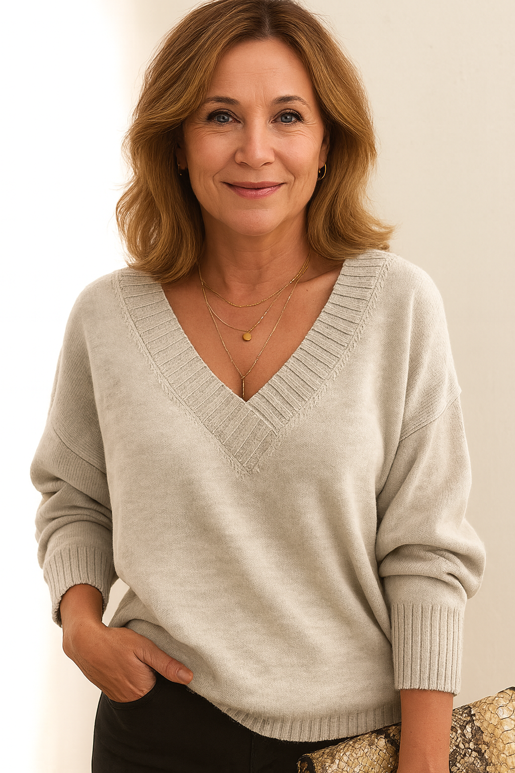 Confortable pull col V pour femme, doux, chaud et élégant, un essentiel d'automne-hiver luxueux.