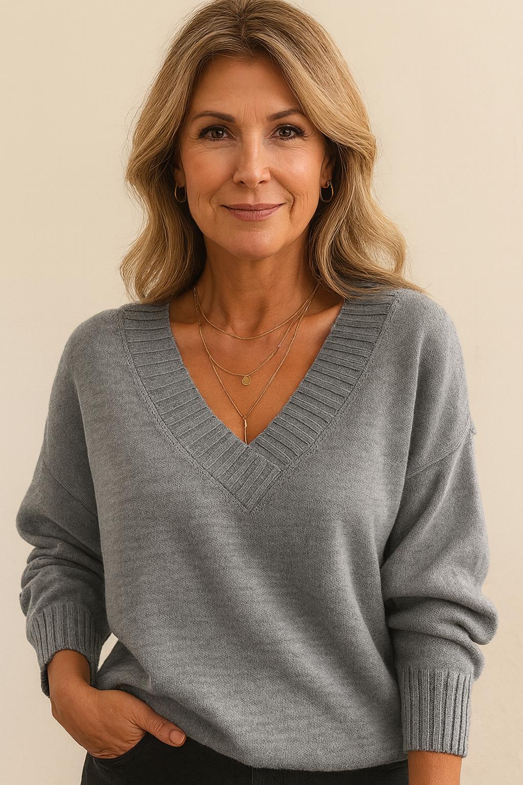 Classique pull col V femme, confortable et polyvalent, idéal pour l'automne et l'hiver.