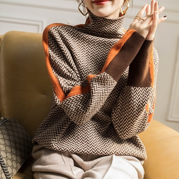 "Pull d'automne élégant pour femmes, col roulé, couleurs chaudes, doux et chaud, style chic et polyvalent."